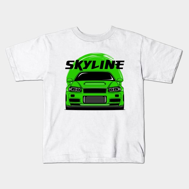 Green Skyline R34 Kids T-Shirt by GoldenTuners